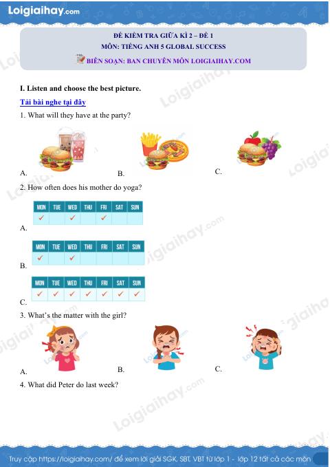 Đề thi giữa kì 2 Tiếng Anh 5 Global Success - Đề số 1